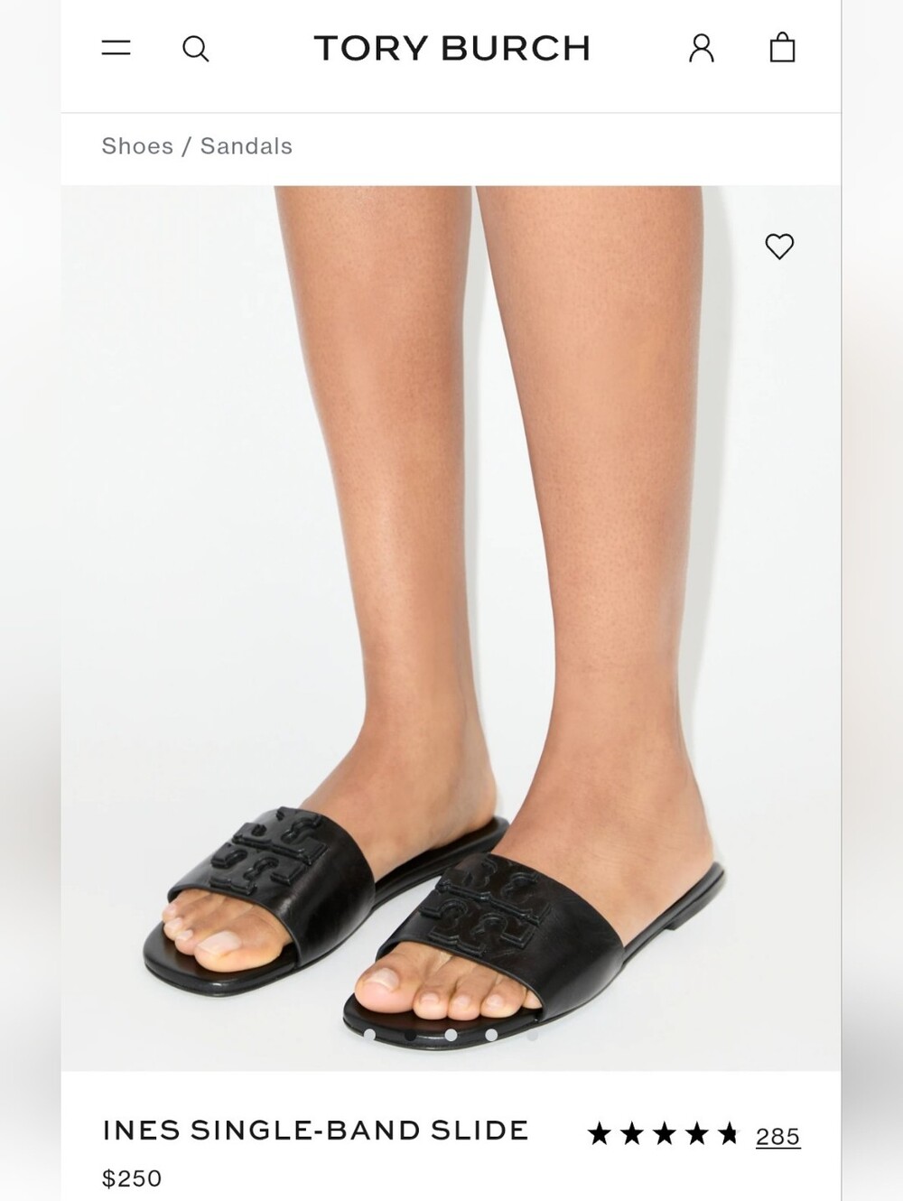 Tory Burch INES Black Leather Slide Sandals with Embossed Detail